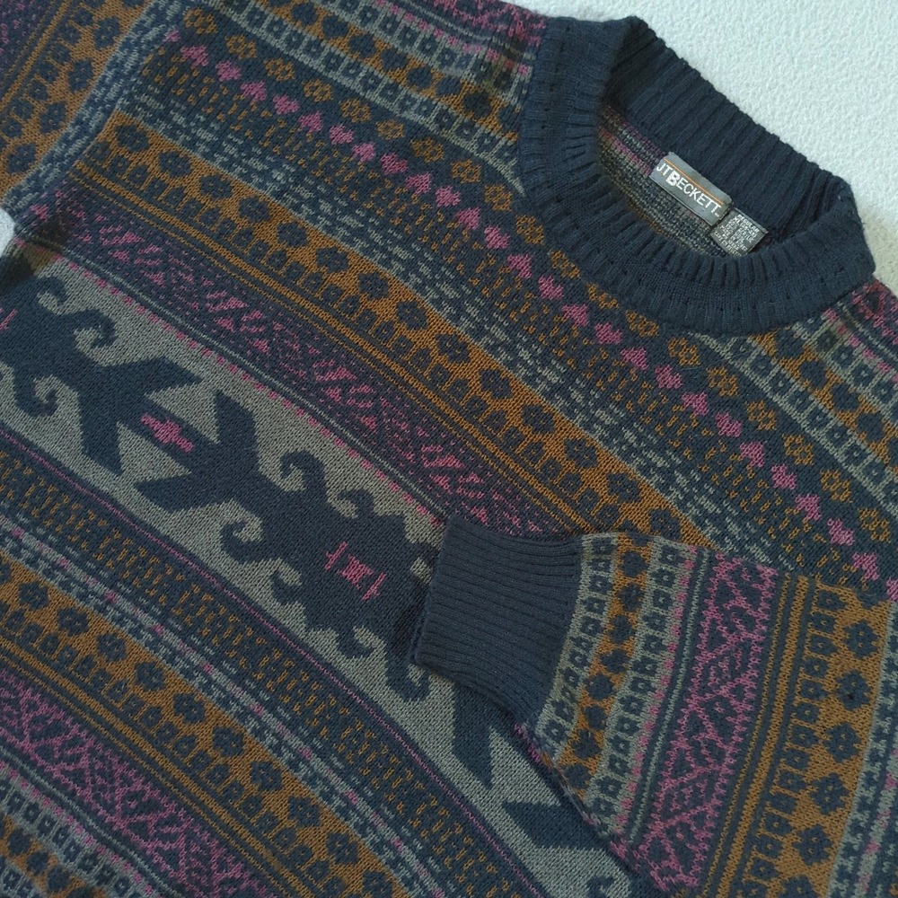 JT‎ Beckett Vintage Mens XL Geometric Southwestern Knit Crewneck Sweater Blue